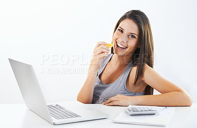 Buy stock photo Laptop, portrait and woman nutritionist with orange in studio for wellness, diet or eating plan on white background. Weight loss, face or lady health influencer with blog survey, help or menu guide
