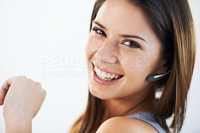 Buy stock photo Call center, portrait and happy woman consulting for crm, customer support or contact us in studio on white background. Telemarketing, face and lady lead generation consultant with service excellence
