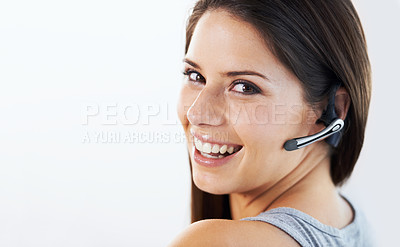 Buy stock photo Woman, call center and communication portrait for customer service, ecommerce or telemarketing on a white background. Face of young consultant or advisor in headphone for chat or contact us in studio