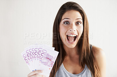 Buy stock photo Rich, portrait or woman excited by money success on white background in studio with smile or surprise. Wealthy, wow or happy girl with cash goals, Euros or lottery jackpot for winning a bonus prize 