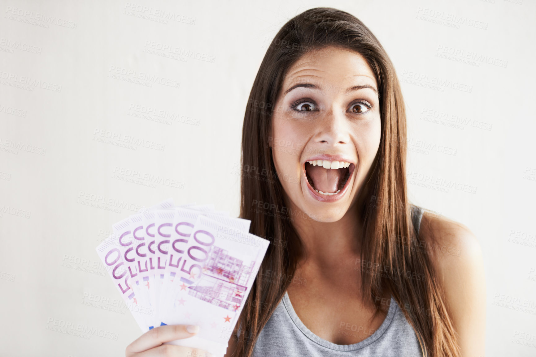Buy stock photo Rich, portrait or woman excited by money success on white background in studio with smile or surprise. Wealthy, wow or happy girl with cash goals, Euros or lottery jackpot for winning a bonus prize 