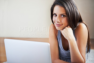 Buy stock photo Relax, laptop or portrait of student in e learning, online education or study for university at home. Remote work, floor or woman on computer to research information or report on a college website