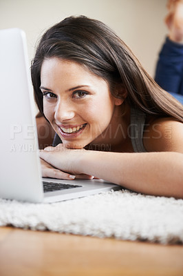Buy stock photo Relax, laptop or portrait of happy woman in e learning, online education or typing for university at home. Remote work, floor or student on computer to research info or report on a college website