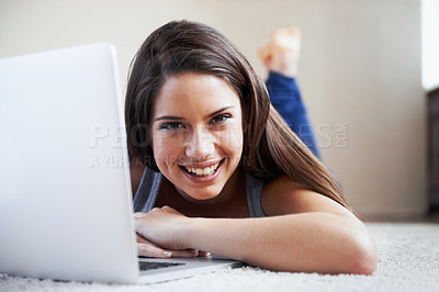 Buy stock photo Floor, laptop or portrait of happy woman in e learning, online education or typing for university at home. Remote work, relax or student on computer to research info or report on a college website