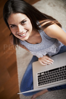 Buy stock photo Top view, laptop or portrait of woman on floor for e learning, online education or typing for university at home. Remote work, relax or girl student on computer to research info on a college website