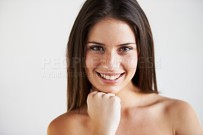 Buy stock photo Results, natural skincare or portrait of happy woman with healthy face or wellness routine in studio. Girl, white background or female model with smile, glow or smooth skin after cosmetic dermatology