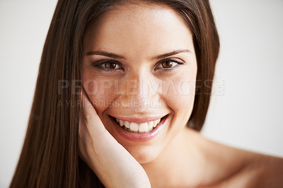 Buy stock photo Skincare, natural beauty or portrait of happy woman with healthy face or wellness routine results. Relax, white background or girl model with glow, smile or pride after cosmetic dermatology in studio