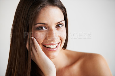 Buy stock photo Relax, natural beauty or portrait of happy woman with healthy face or wellness routine results. Skincare, white background or girl model with glow, smile or pride after cosmetic dermatology in studio