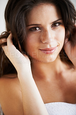 Buy stock photo Hair care, beauty or portrait of woman after shower, cleaning or wellness routine results in studio. Hairstyle, white background or model with smile, natural skincare or healthy texture for grooming