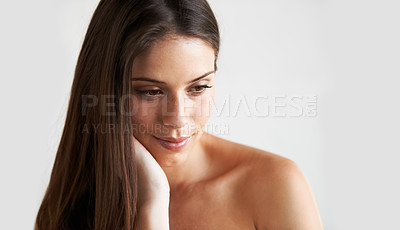 Buy stock photo Hair care, thinking or woman in studio for wellness, cleaning or beauty routine on white background. Hairstyle, growth results or female model with mockup space, natural skincare or healthy texture 