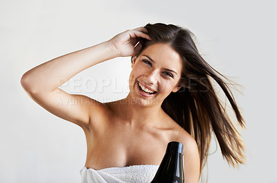Buy stock photo Woman, smile and drying hair with hairdryer, style and heat treatment or blowout, beauty and appliances. Happy female person, haircare and scalp wellness or portrait, cosmetic and hairstyle in mockup