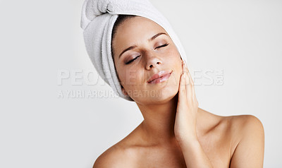 Buy stock photo Woman, skincare and model beauty of skin, cosmetics and dermatology in studio by white background. Female person, relax and peace or calm, facial and treatment for wellness, health and care in mockup