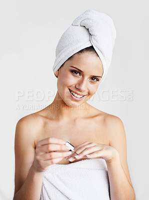Buy stock photo Beauty, portrait and woman with nail polish in studio for cosmetic, wellness or hand care on white background. Manicure, color and face of model with finger, product or luxury grooming after a shower