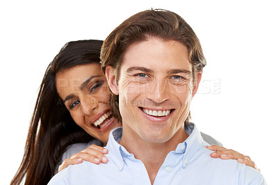 Buy stock photo Happy, love and portrait of couple on a date hugging in happiness on valentines day isolated in a studio white background. People, lovers and man with smiling woman for romance in a relationship