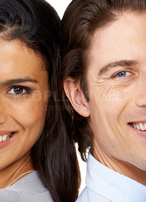 Buy stock photo Portrait, face and half with a couple in studio isolated on a white background for love, romance or bonding. Love, smile or happy with a man and woman posing together on blank space closeup