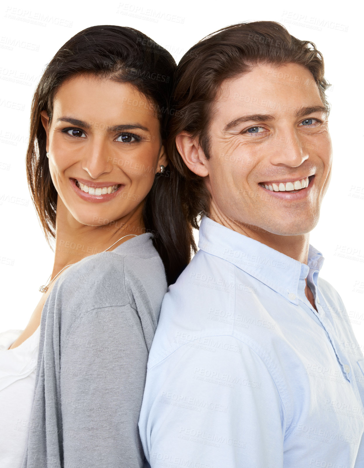 Buy stock photo Happy couple, portrait smile and back together in relationship isolated against a white studio background. Woman and man face smiling in happiness and touching backs in romance, bonding or commitment