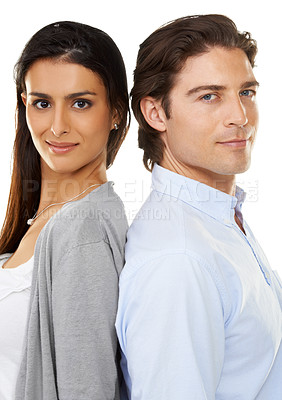 Buy stock photo Couple, portrait smile and back together in relationship isolated against a white studio background. Happy woman and man face smiling in happiness and touching backs in romance, bonding or commitment