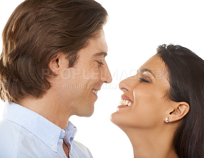Buy stock photo Couple, relationship and smile for love, valentines day or date in affection isolated against white studio background. Closeup of man and woman smiling in joyful happiness in special month of romance