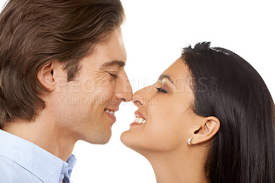 Buy stock photo Couple, nose and smile for love or valentines day date in affection isolated against white studio background. Closeup of man and woman smiling touching faces in happiness for special month of romance