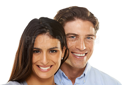 Buy stock photo Valentines day, portrait and couple together on a date hugging in happiness and happy isolated in a studio white background. Love, lovers and man with smiling woman for romance in a relationship