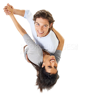 Buy stock photo Top view, love and couple dance, relationship and marriage with portrait and isolated on white studio background. Romance, mockup and man with woman, dancing and celebrate for anniversary and happy