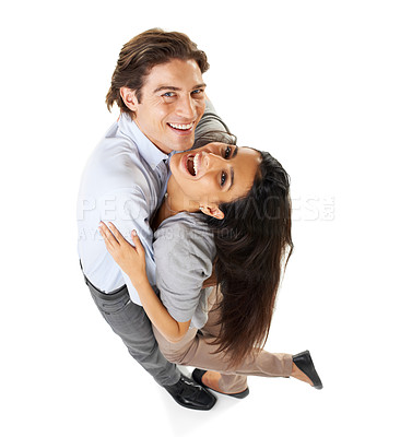 Buy stock photo Top view, love and couple dance, portrait and happiness for romance, bonding and isolated on white studio background. Mockup, man and woman hug, dancing and romantic for relationship, dating or smile