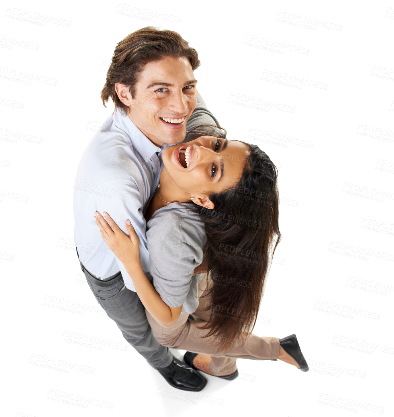 Buy stock photo Top view, love and couple dance, portrait and happiness for romance, bonding and isolated on white studio background. Mockup, man and woman hug, dancing and romantic for relationship, dating or smile
