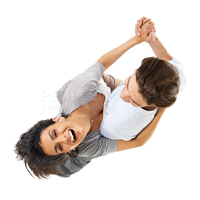 Buy stock photo Love, smile and dance, couple from above, holding hands and celebrate romance isolated on white background. Romantic dancing, top view and happy valentines day celebration for man and woman in studio