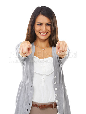 Buy stock photo Woman, pointing and portrait of a model in isolated white background with happiness and mockup. Casual fashion, point and beautiful Indian person happy with a smile and hand sign with mock up alone