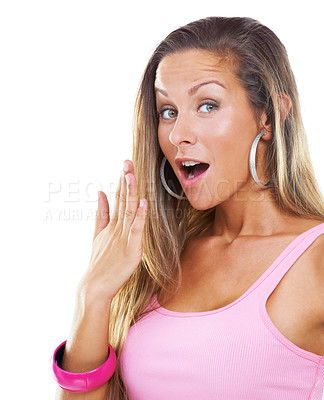 Buy stock photo Studio shot of a gorgeous woman gasping in surprise against a white background