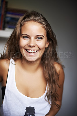 Buy stock photo Happy, woman and portrait with laughing and modern casual clothing in a house with confidence. Youth, teen and relax young female person with gen z fashion style and funny joke with a teenager