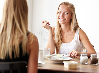Buy stock photo Friends, chat and woman in cafe for brunch, lunch or morning conversation in coffee shop. Happy, face and women at breakfast in restaurant or bistro with happiness listening to gossip or discussion