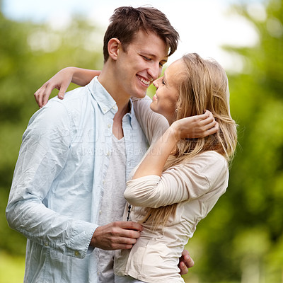 Buy stock photo Park, happy and couple hug, love or bonding in outdoor nature, green garden or romantic countryside date. Freedom, wellness and summer husband, wife or people together for care, support or embrace