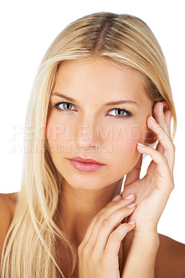 Buy stock photo Skincare, portrait and woman in studio for wellness, glow or natural cosmetics on white background. Beauty, dermatology and face of female model with treatment, results or self care satisfaction  