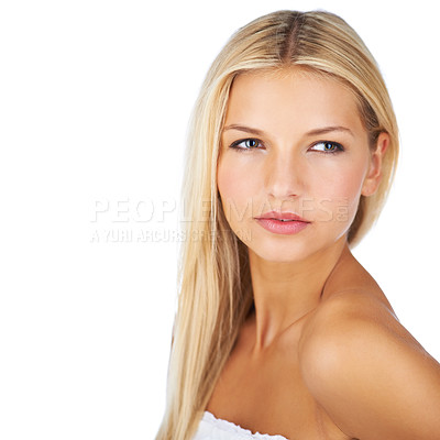 Buy stock photo Skincare, glow and woman in studio for wellness with natural cosmetics routine on white background. Beauty, dermatology and face of female model with pamper, self care or treatment, shine and results