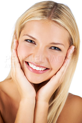 Buy stock photo Smiling young woman with flawless skin