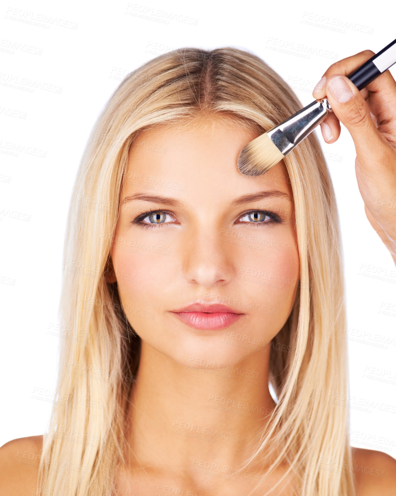 Buy stock photo Brush, makeup and portrait of woman in studio with hands for beauty, wellness or glamour makeover on white background. Powder, cosmetics or face of lady model with beautician for professional contour