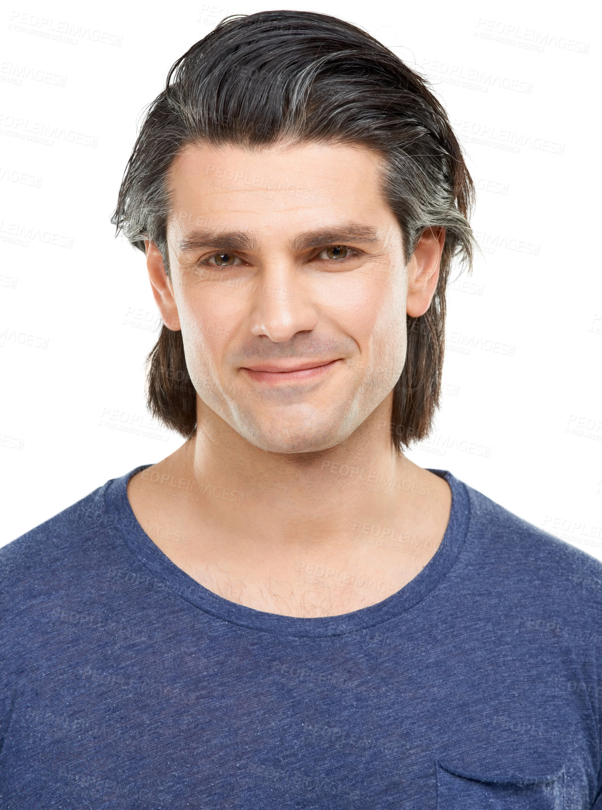 Buy stock photo Portrait, smile and confidence with mature man, proud and happiness isolated on a white studio background. Face, person and model with casual clothes, Brazil or healthy with fashion, outfit or tshirt