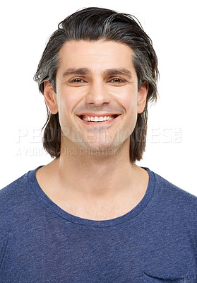 Buy stock photo Portrait, man and smile with fashion, confidence and proud guy isolated on a white studio background. Face, person and model with tshirt, happiness and Canada with mockup space, healthy and wellness