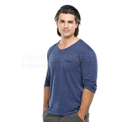 Buy stock photo Portrait, fashion and mature man with confidence, casual and cool guy isolated on a white studio background. Person, handsome and model with health, comfortable clothes and proud with wellness