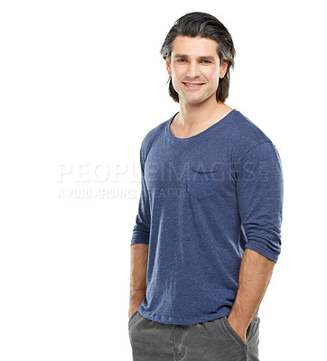 Buy stock photo Portrait, muscle and man with tshirt, smile and confident guy isolated on a white studio background. Person, mockup space and model with casual clothes, wellness and proud with health and fitness