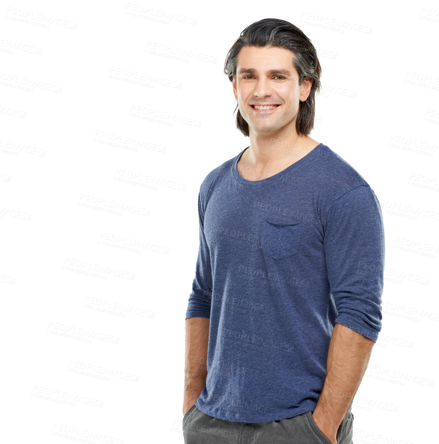 Buy stock photo Portrait, smile and man with tshirt, clothes and confident guy isolated on a white studio background. Person, mockup space and model with casual outfit, wellness and comfort with health and trendy