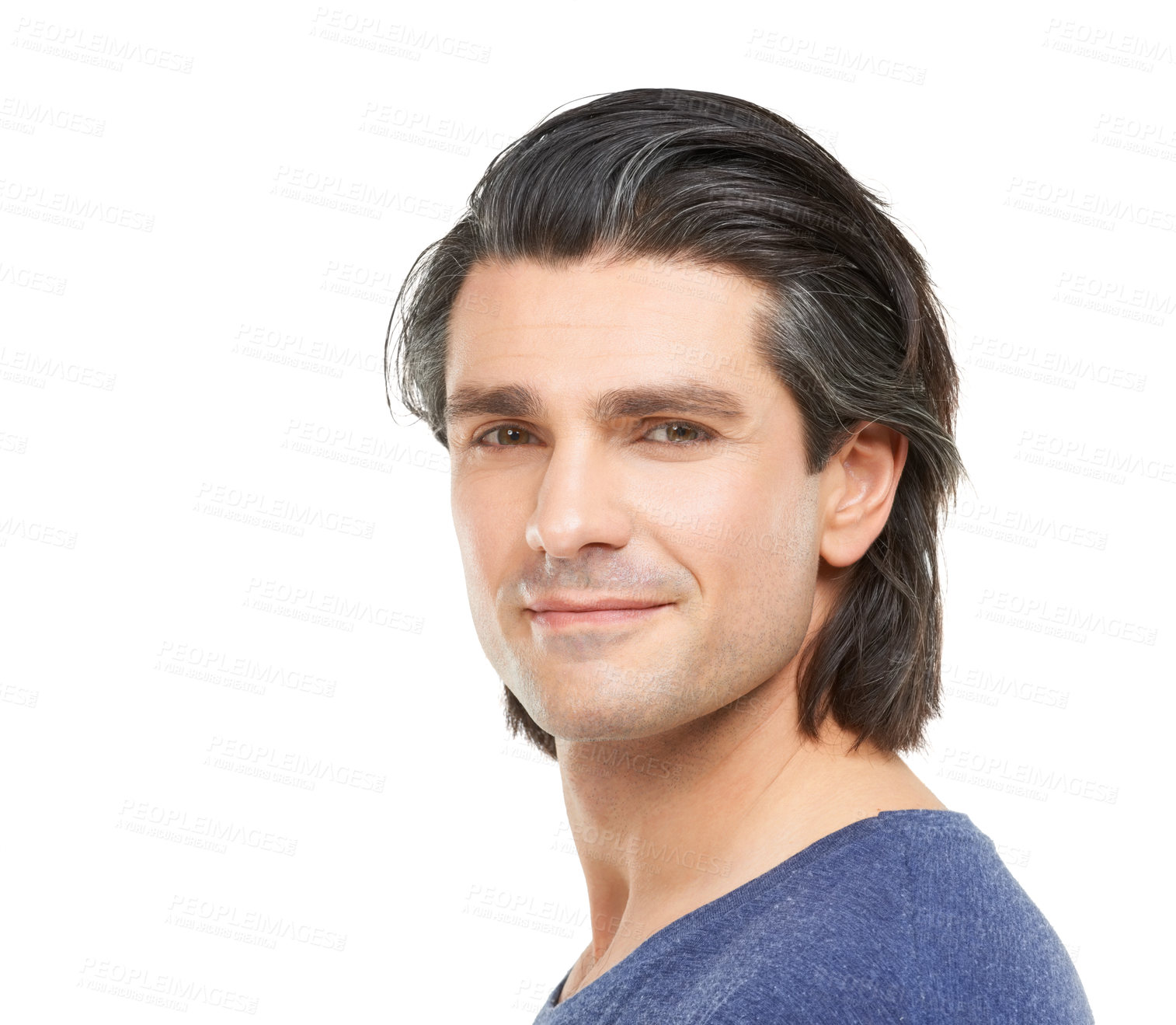 Buy stock photo Studio, smile and portrait of mature man with confidence, pride and happy on white background. Attractive, handsome and face of isolated person relax for wellness, health and positive attitude