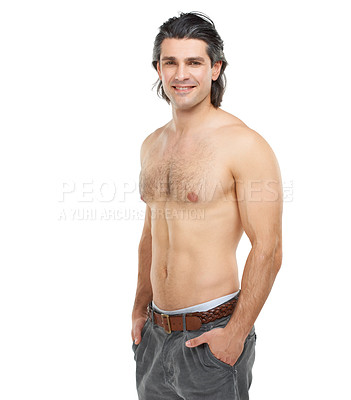 Buy stock photo Studio portrait of a handsome, shirtless man posing against a white background