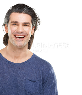 Buy stock photo Studio, happy and portrait of mature man with confidence, pride and laughing on white background. Smile, handsome and face of isolated person in casual clothes for style, humor and positive attitude