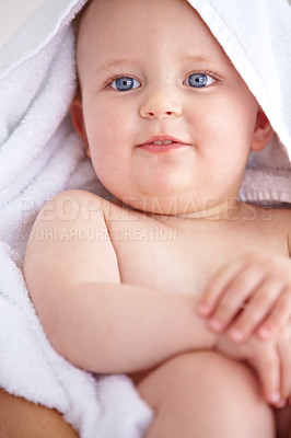 Buy stock photo Baby, face and towel wrap for bath clean for hygiene or childhood development, wash or fresh. Child, kid and cloth for dry skin body for wellness or warm for safety or infant care, shower or love