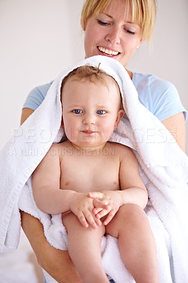 Buy stock photo Baby, mom and hug for bath with care in a closeup for clean kid at home with love and caring. Towel, mother and infant with portrait to hold or hugs for care and love with kid in family home.