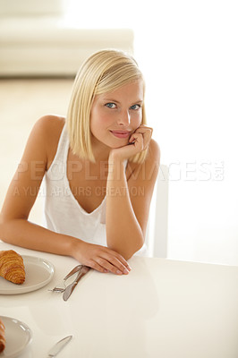 Buy stock photo Woman, portrait and smile or table croissant or breakfast food, vacation hotel meal or holiday relax. Female person, pastry or plate for summer morning or happy for french dessert, snack on weekend