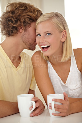 Buy stock photo Couple, coffee and table for morning romance or breakfast drink for marriage whisper, together or talking. Man, woman and cup for love latte for weekend connection, relax bonding or peace in kitchen