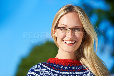 Buy stock photo Blue sky, happy and portrait of woman in nature with smile for freedom, fresh air and carefree attitude. Outdoors, park and face of person with confidence on holiday, vacation on weekend in garden